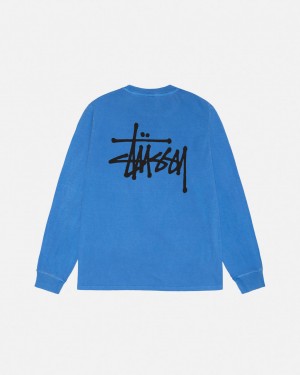 Men's Stussy Basic Stussy LS Tee Pigment Dyed Tees Blue Ireland | XVP-4538