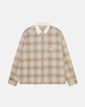 Men's Stussy Frank Plaid Zip Shirts Brown Ireland | ZFI-3684