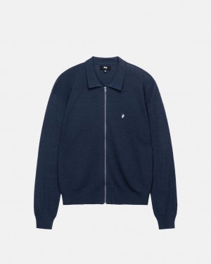 Men's Stussy Light Weight Ls Zip Polo Shirts Navy Ireland | XYW-5186