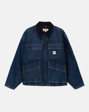 Men's Stussy Shop Jacket Washed Denim Jackets Blue Ireland | LKI-4296