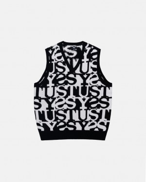 Men's Stussy Stacked Sweater Vest Sweaters White / Black Ireland | ZQH-6929