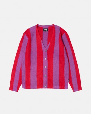 Men's Stussy Stripe Brushed Cardigan Sweaters Purple Ireland | AEI-6632