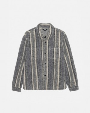 Men's Stussy Striped Sherpa Shirt Jackets Charcoal Ireland | VDR-4160