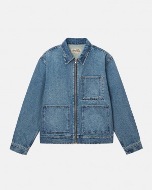 Men's Stussy Zip Work Jacket Denim Jackets Blue Ireland | ZJF-8246