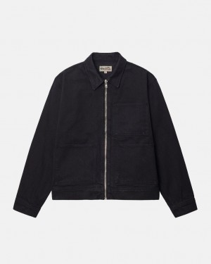 Men's Stussy Zip Work Jacket Overdyed Jackets Black / Black Ireland | VFE-0980