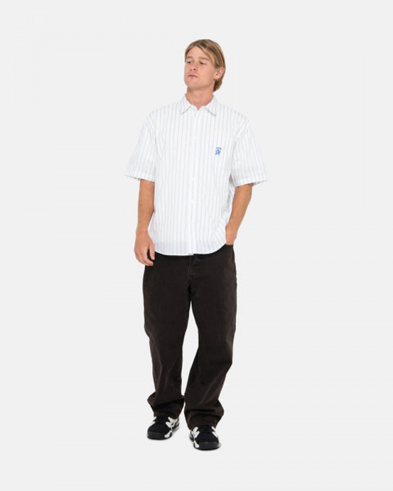 Men's Stussy Boxy Striped Shirts White Ireland | AAV-6280