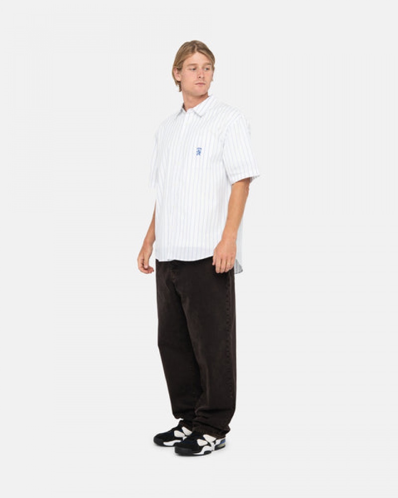 Men's Stussy Boxy Striped Shirts White Ireland | AAV-6280