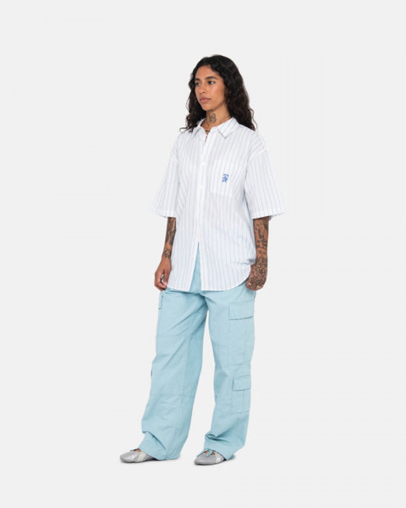 Men's Stussy Boxy Striped Shirts White Ireland | AAV-6280