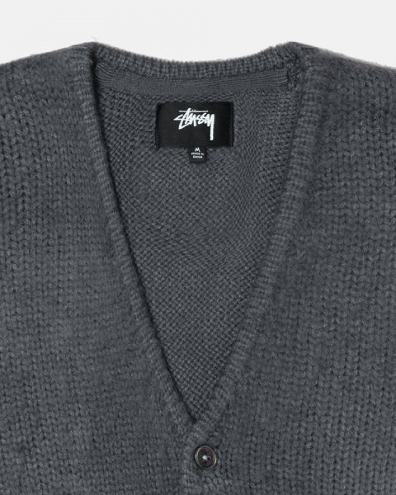 Men's Stussy Brushed Cardigan Sweaters Charcoal Ireland | RUX-5045