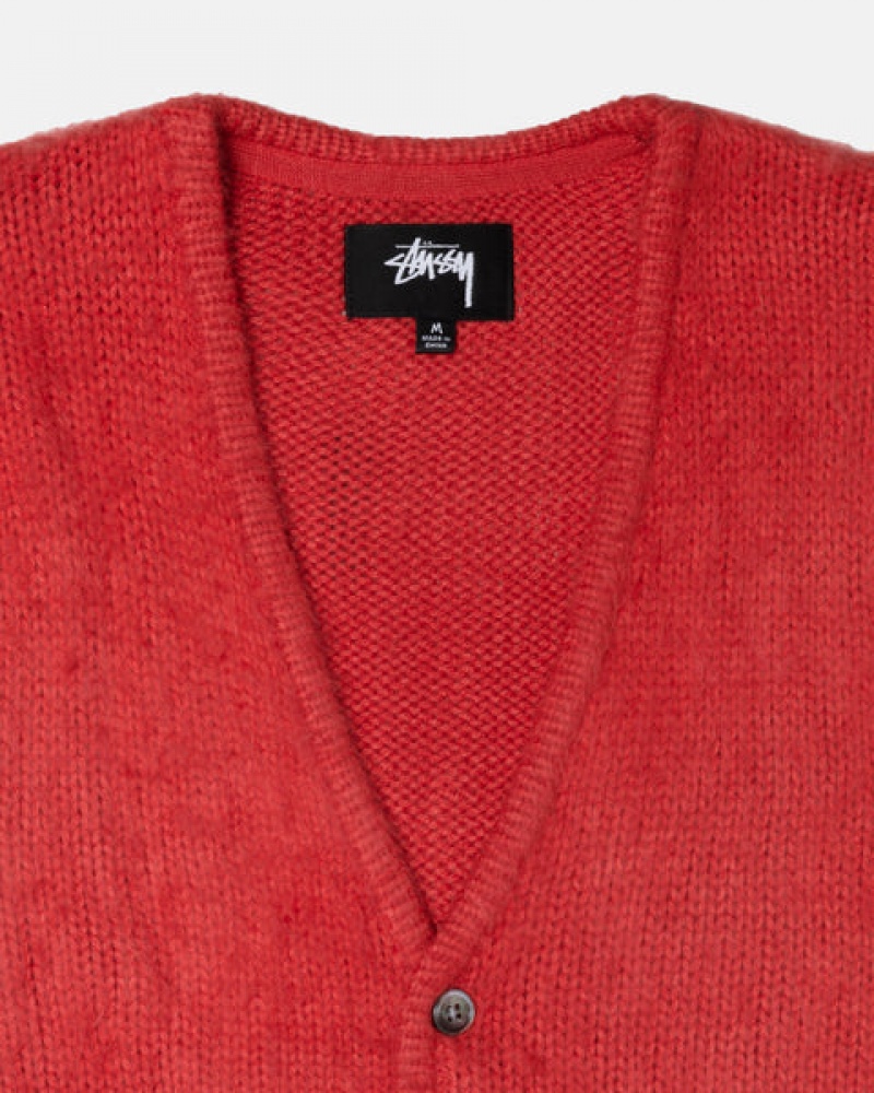 Men's Stussy Brushed Cardigan Sweaters Red Ireland | DCX-4929