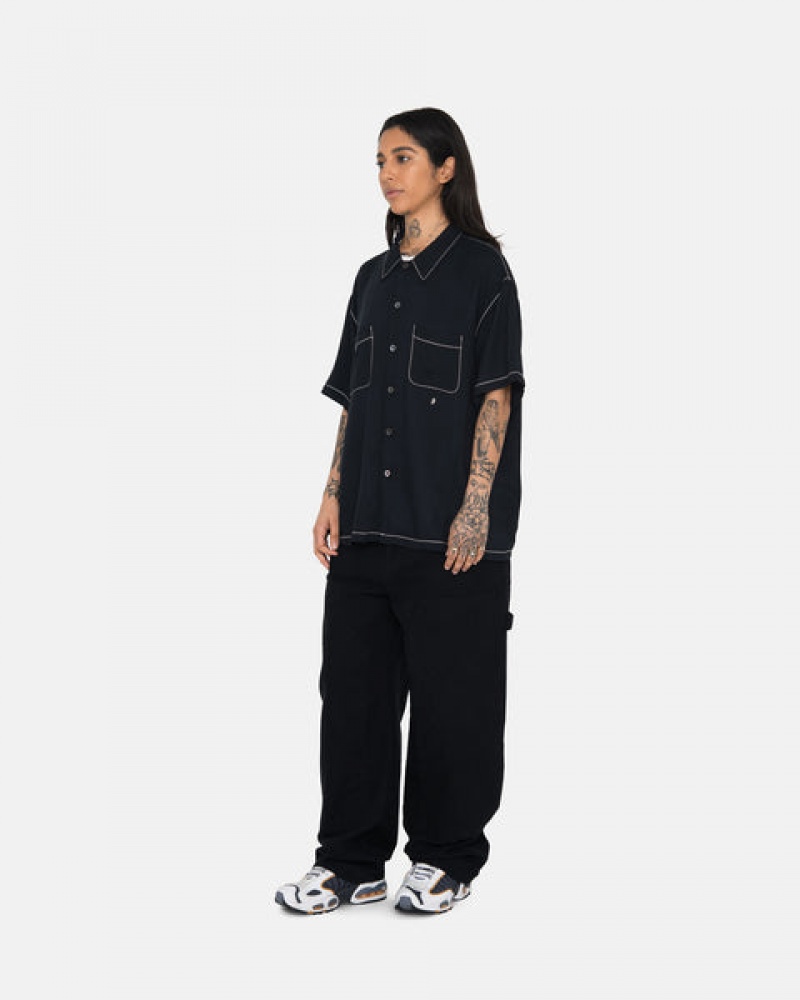 Men's Stussy Contrast Pick Stitched Shirts Black Ireland | MBE-8223