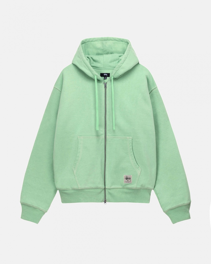 Men\'s Stussy Double Face Label Zip Hoodie Green Ireland | DYY-0003