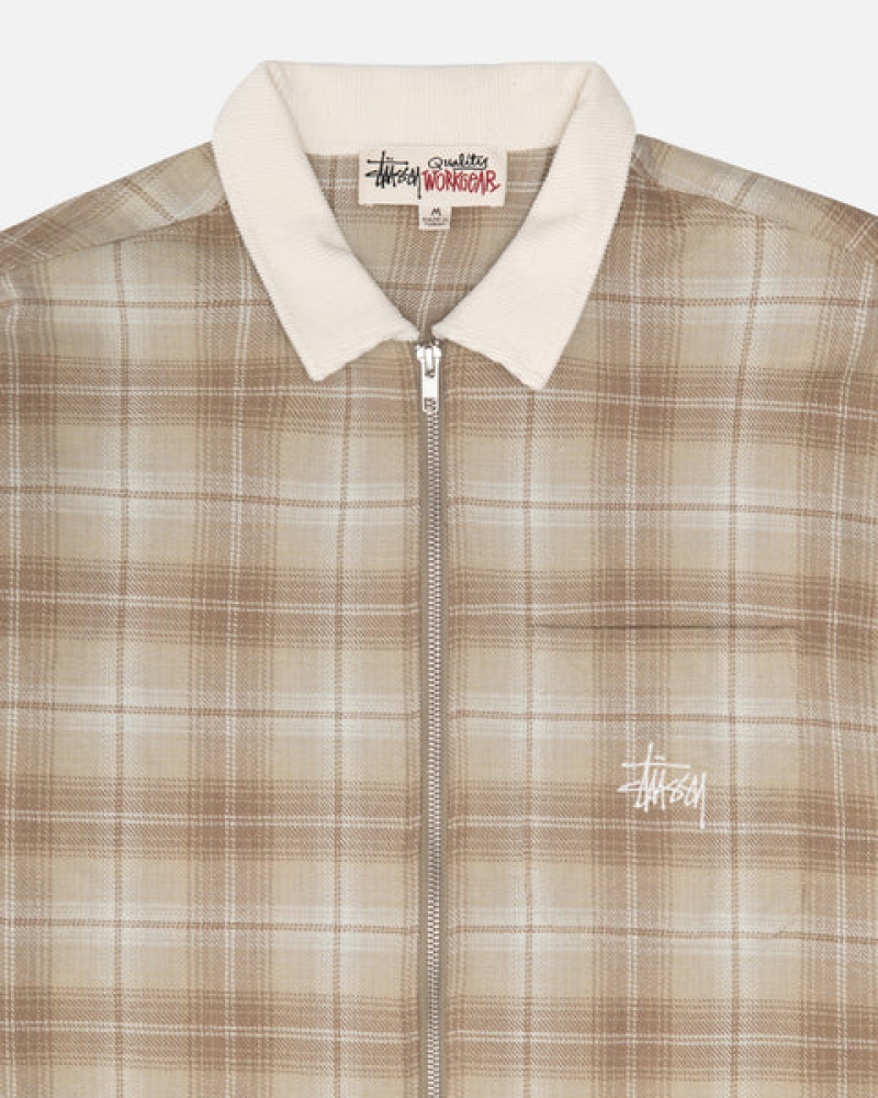 Men's Stussy Frank Plaid Zip Shirts Brown Ireland | ZFI-3684