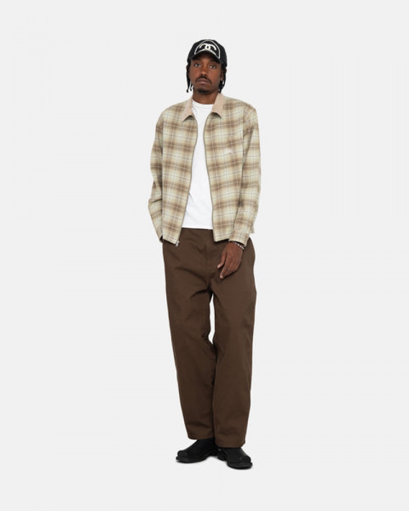 Men's Stussy Frank Plaid Zip Shirts Brown Ireland | ZFI-3684