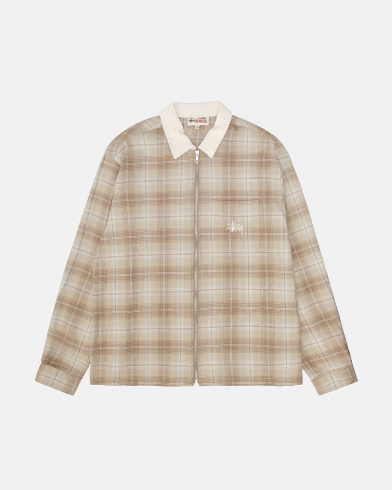 Men\'s Stussy Frank Plaid Zip Shirts Brown Ireland | ZFI-3684