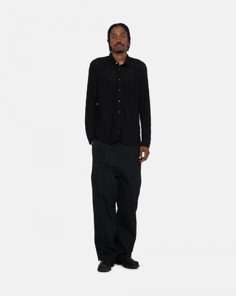 Men's Stussy Lace Ls Shirts Black Ireland | ROB-8809