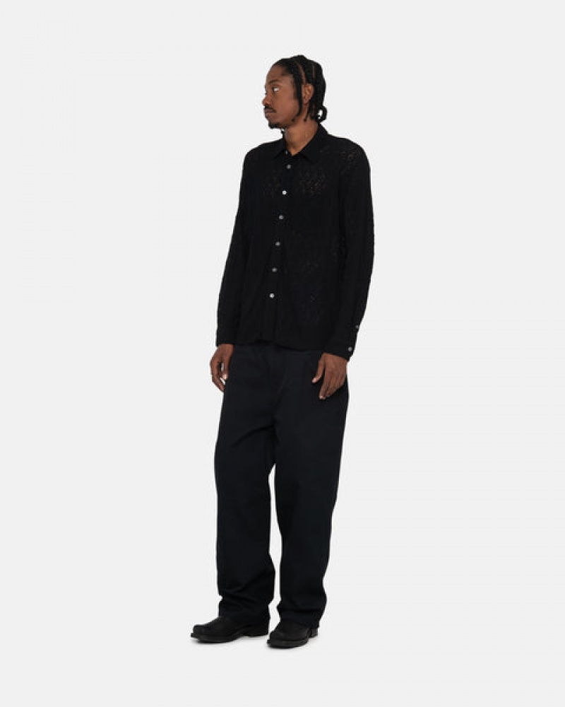 Men's Stussy Lace Ls Shirts Black Ireland | ROB-8809