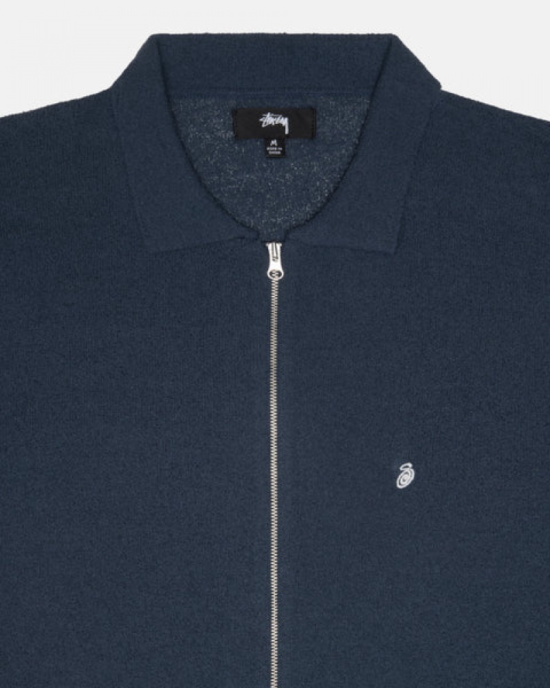 Men's Stussy Light Weight Ls Zip Polo Shirts Navy Ireland | XYW-5186