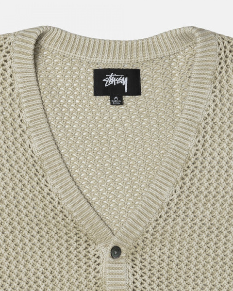 Men's Stussy Loose Gauge Cardigan Sweaters Beige Ireland | KAP-3545