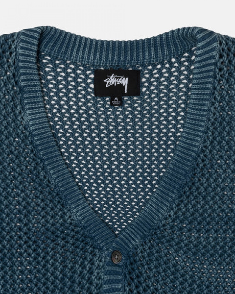 Men's Stussy Loose Gauge Cardigan Sweaters Blue Ireland | WAN-2890