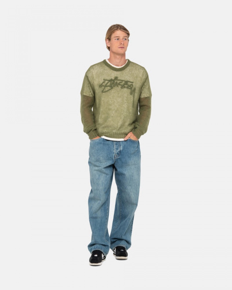 Men's Stussy Loose Knit Sweaters Olive Ireland | UWY-8391