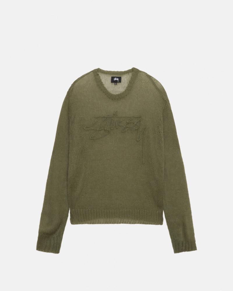 Men\'s Stussy Loose Knit Sweaters Olive Ireland | UWY-8391