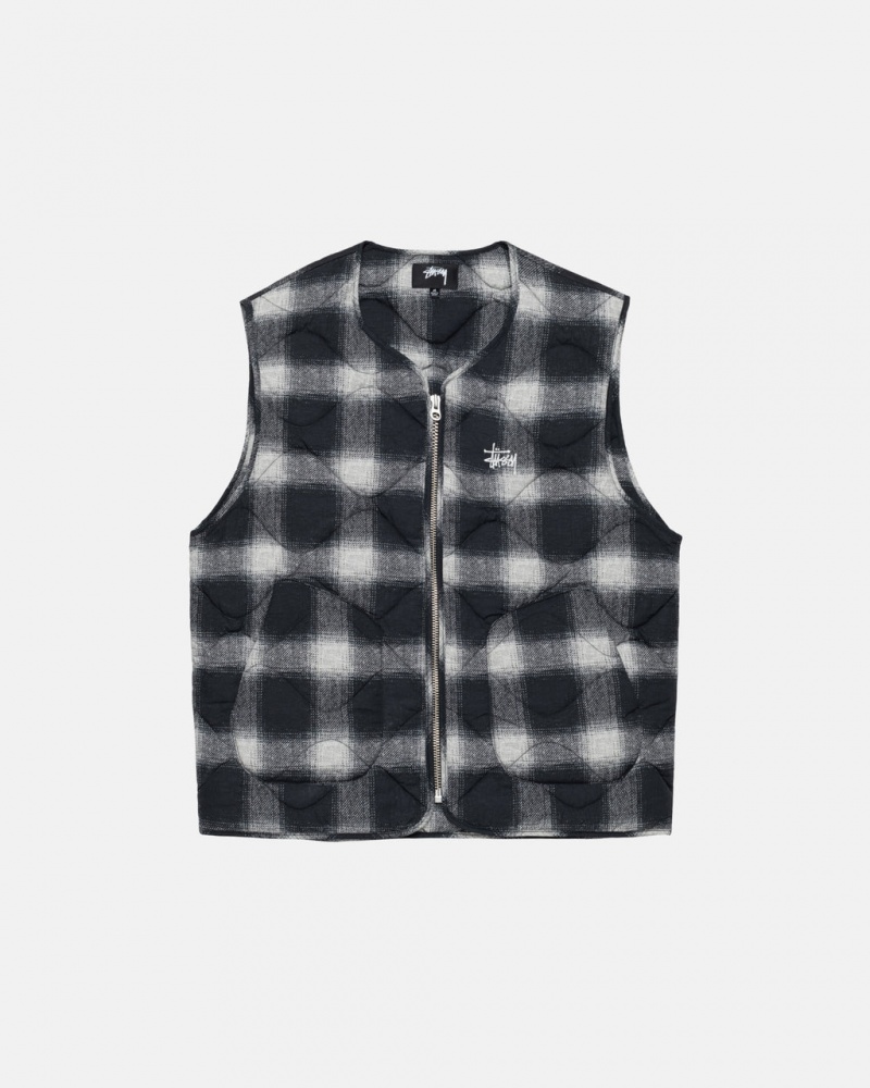 Men\'s Stussy Plaid Nylon Liner Vest Black Ireland | QOA-9974