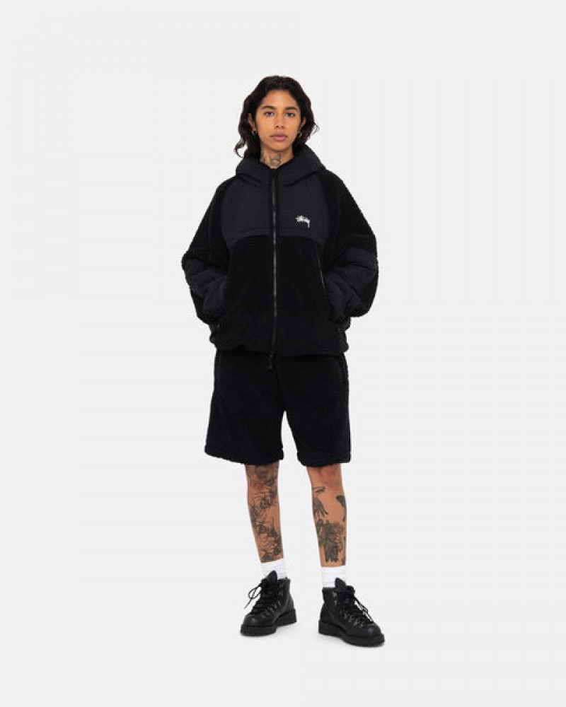 Men's Stussy Sherpa Paneled Hooded Jackets Black Ireland | PHZ-7024