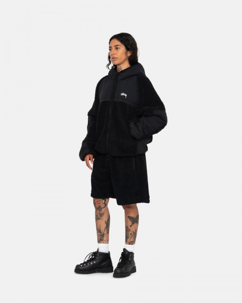 Men's Stussy Sherpa Paneled Hooded Jackets Black Ireland | PHZ-7024