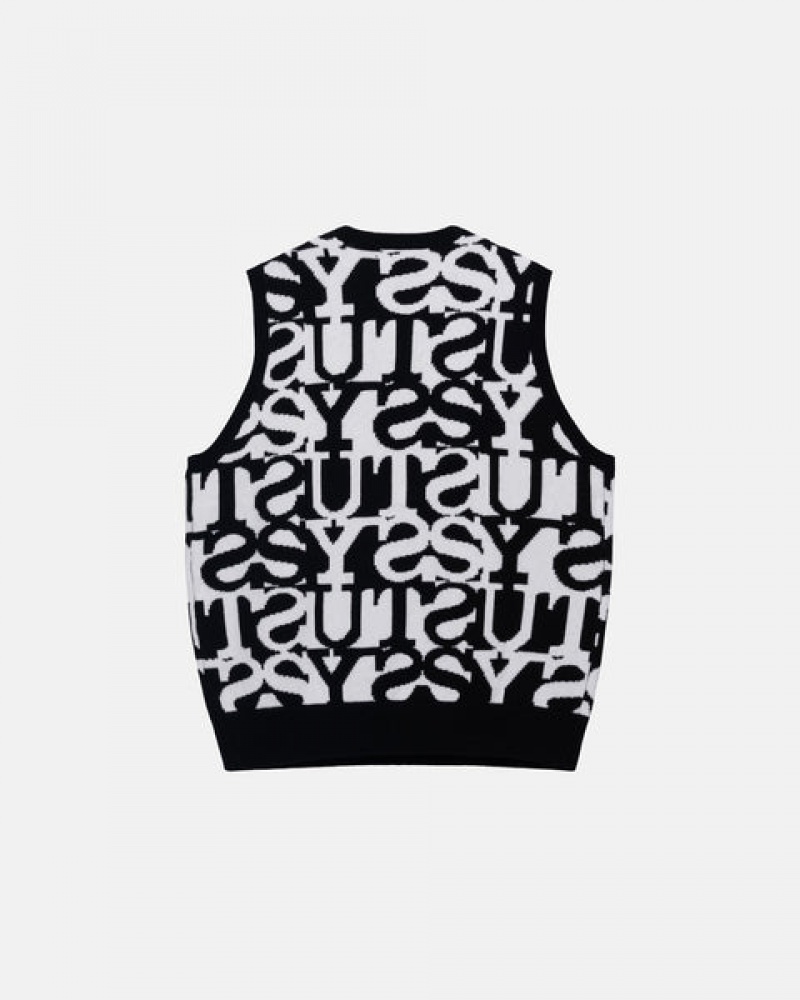 Men's Stussy Stacked Sweater Vest Sweaters White / Black Ireland | ZQH-6929