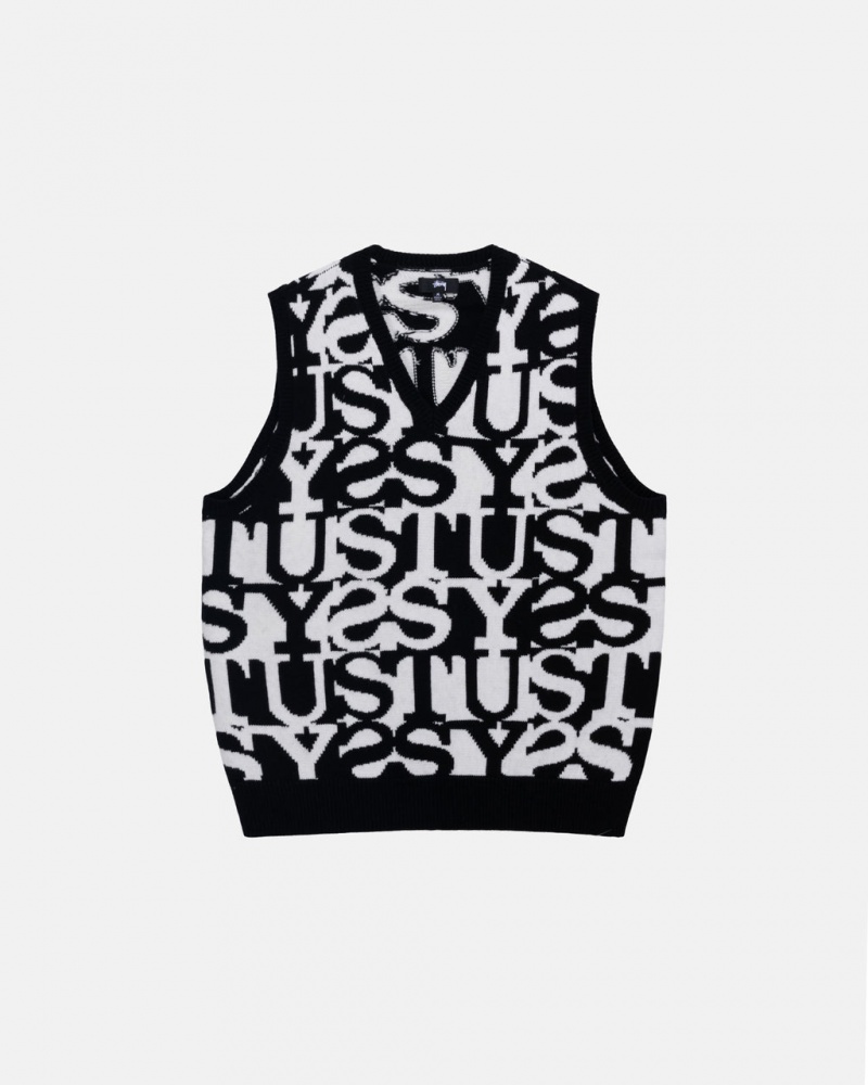 Men\'s Stussy Stacked Sweater Vest Sweaters White / Black Ireland | ZQH-6929