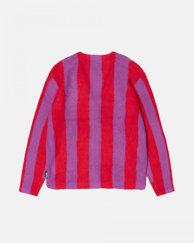 Men's Stussy Stripe Brushed Cardigan Sweaters Purple Ireland | AEI-6632