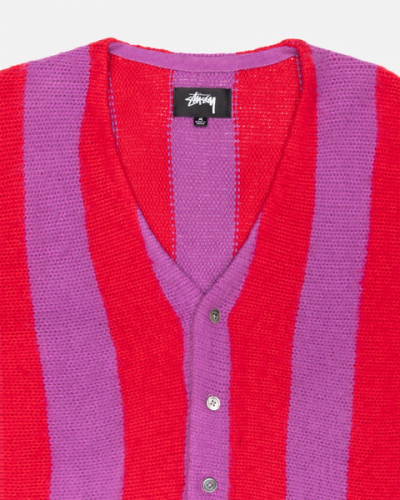 Men's Stussy Stripe Brushed Cardigan Sweaters Purple Ireland | AEI-6632