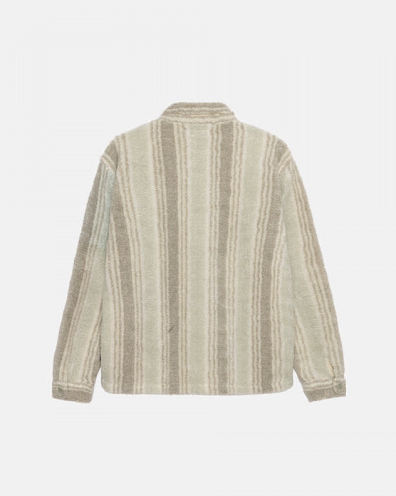 Men's Stussy Striped Sherpa Shirt Jackets Beige Ireland | HMS-1155