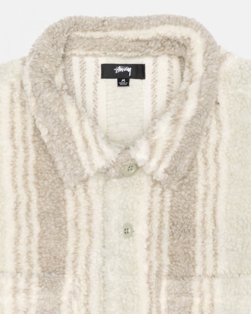 Men's Stussy Striped Sherpa Shirt Jackets Beige Ireland | HMS-1155