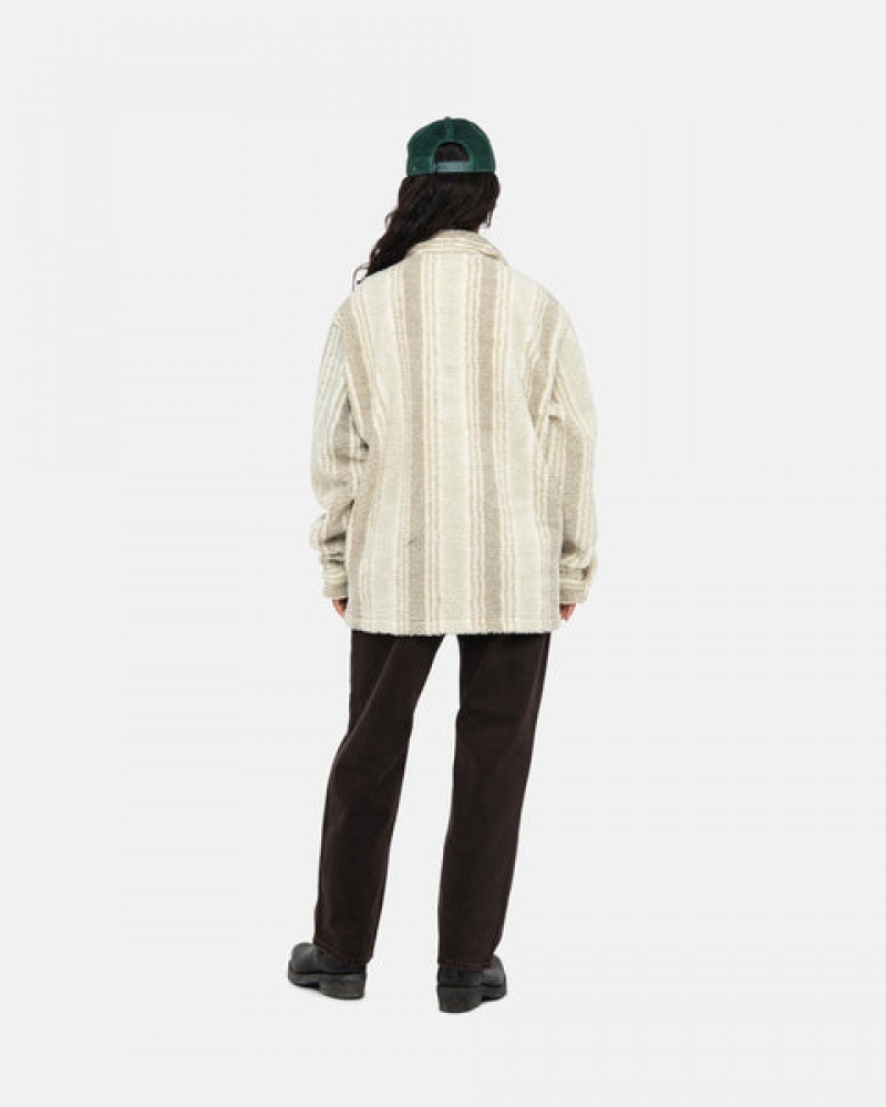 Men's Stussy Striped Sherpa Shirt Jackets Beige Ireland | HMS-1155