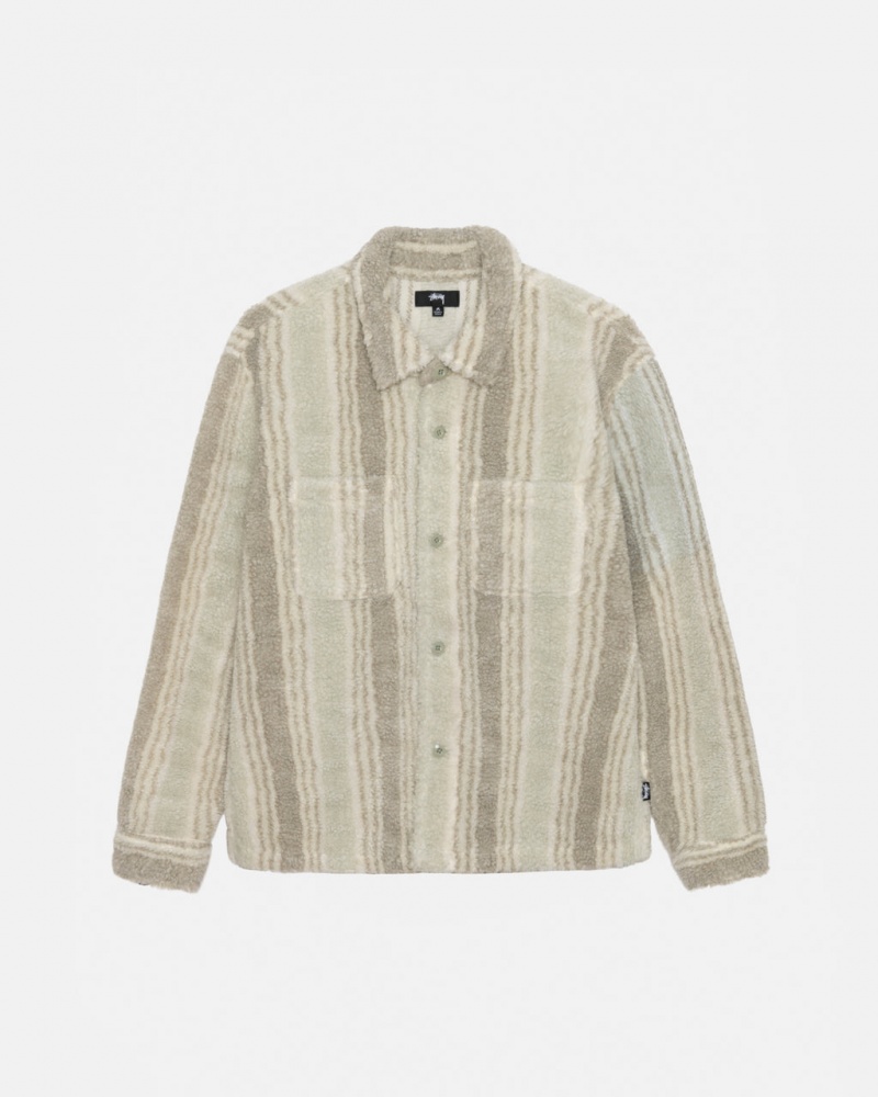 Men\'s Stussy Striped Sherpa Shirt Jackets Beige Ireland | HMS-1155