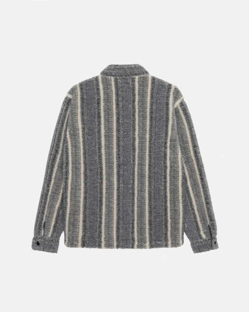 Men's Stussy Striped Sherpa Shirt Jackets Charcoal Ireland | VDR-4160