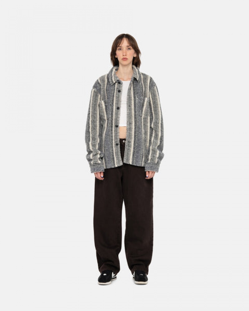 Men's Stussy Striped Sherpa Shirt Jackets Charcoal Ireland | VDR-4160