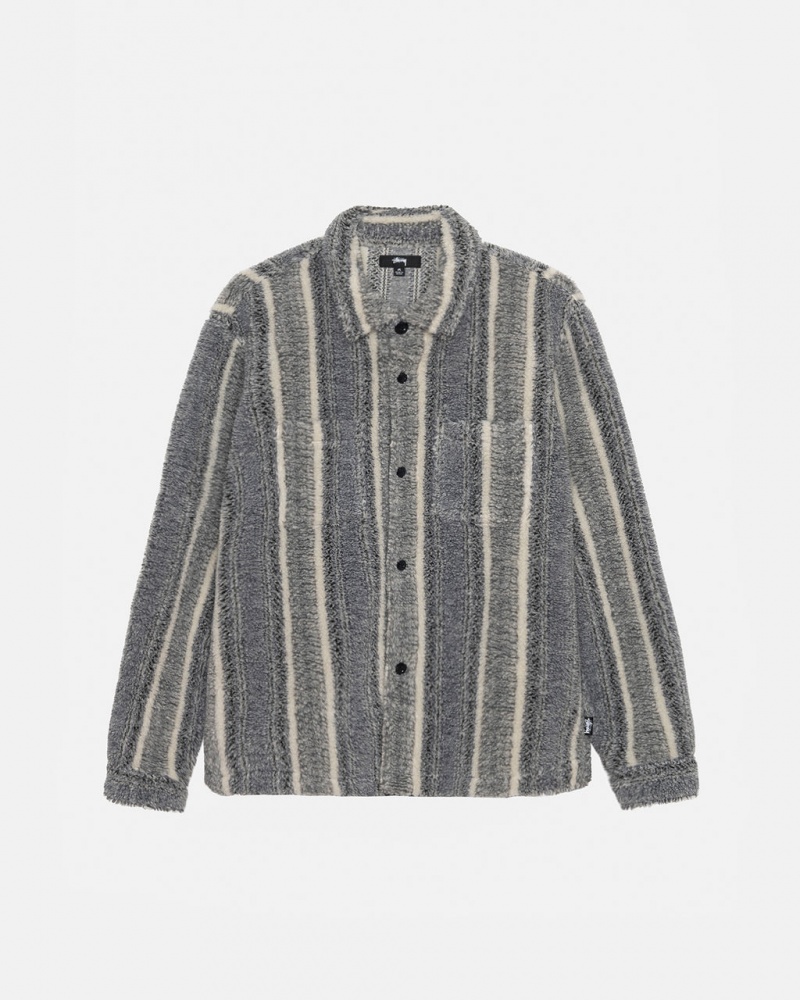 Men\'s Stussy Striped Sherpa Shirt Jackets Charcoal Ireland | VDR-4160