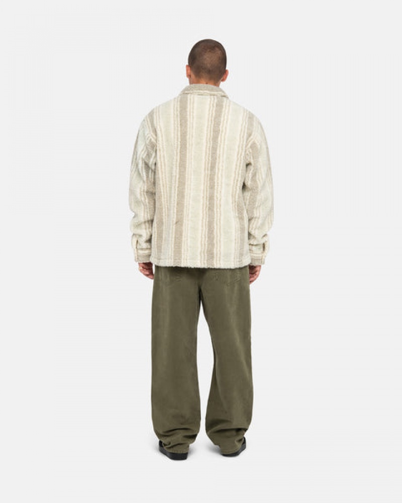 Men's Stussy Striped Sherpa Shirts Beige Ireland | GTL-1886