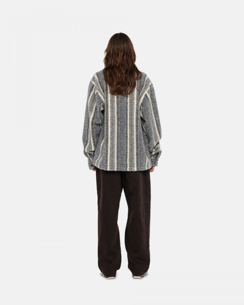 Men's Stussy Striped Sherpa Shirts Charcoal Ireland | MLT-5870