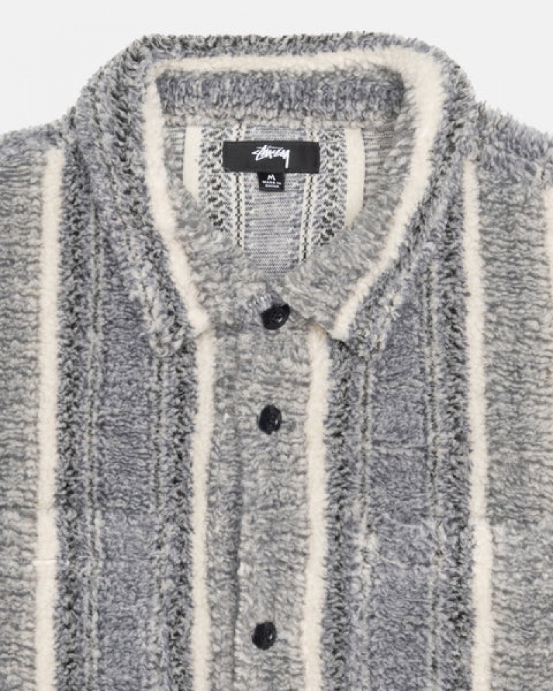 Men's Stussy Striped Sherpa Shirts Charcoal Ireland | MLT-5870