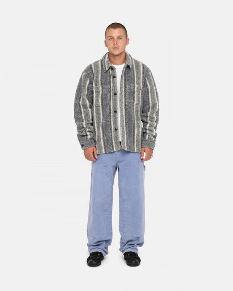 Men's Stussy Striped Sherpa Shirts Charcoal Ireland | MLT-5870