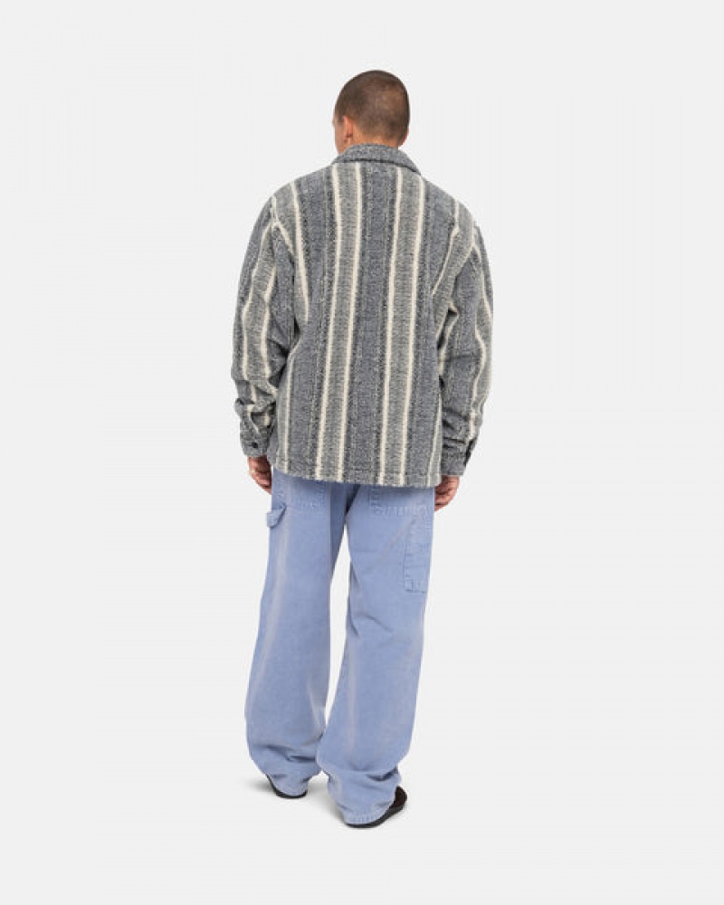 Men's Stussy Striped Sherpa Shirts Charcoal Ireland | MLT-5870