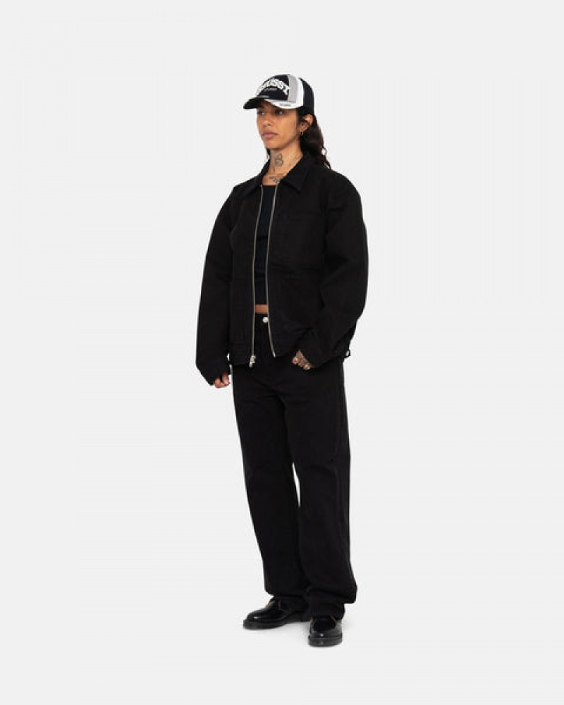 Men's Stussy Zip Work Jacket Overdyed Jackets Black / Black Ireland | VFE-0980