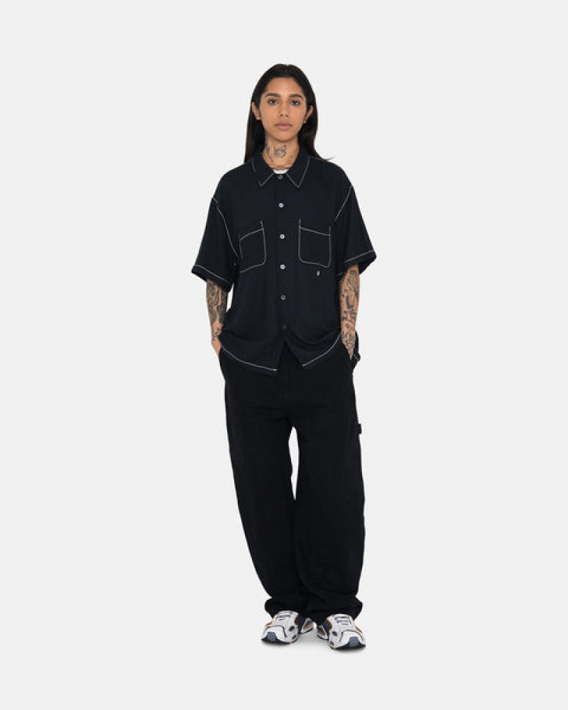 Women's Stussy Contrast Pick Stitched Shirts Black Ireland | MKJ-8863