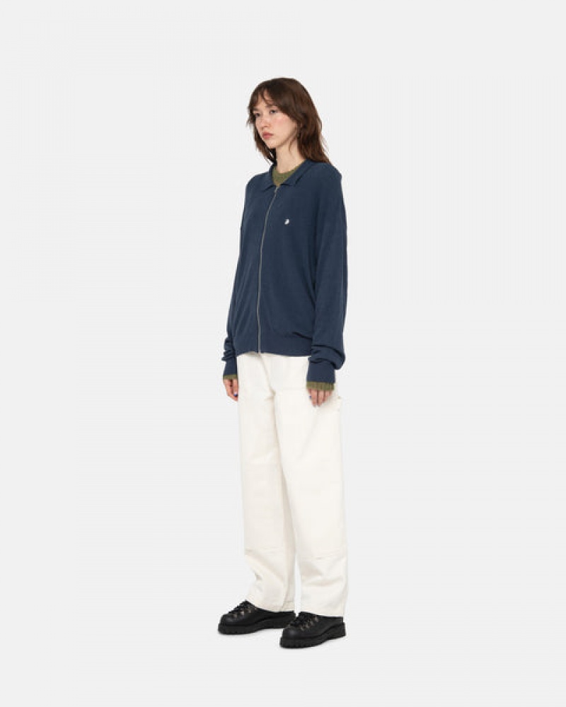 Women's Stussy Light Weight Ls Zip Polo Tops Navy Ireland | NQJ-3668