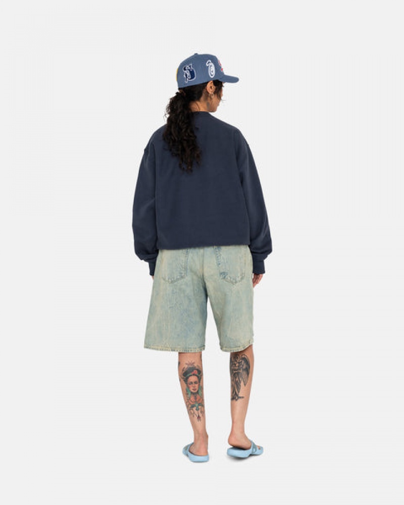 Women's Stussy Overdyed Stock Logo Crew Sweatshirts Navy Ireland | DCB-0608