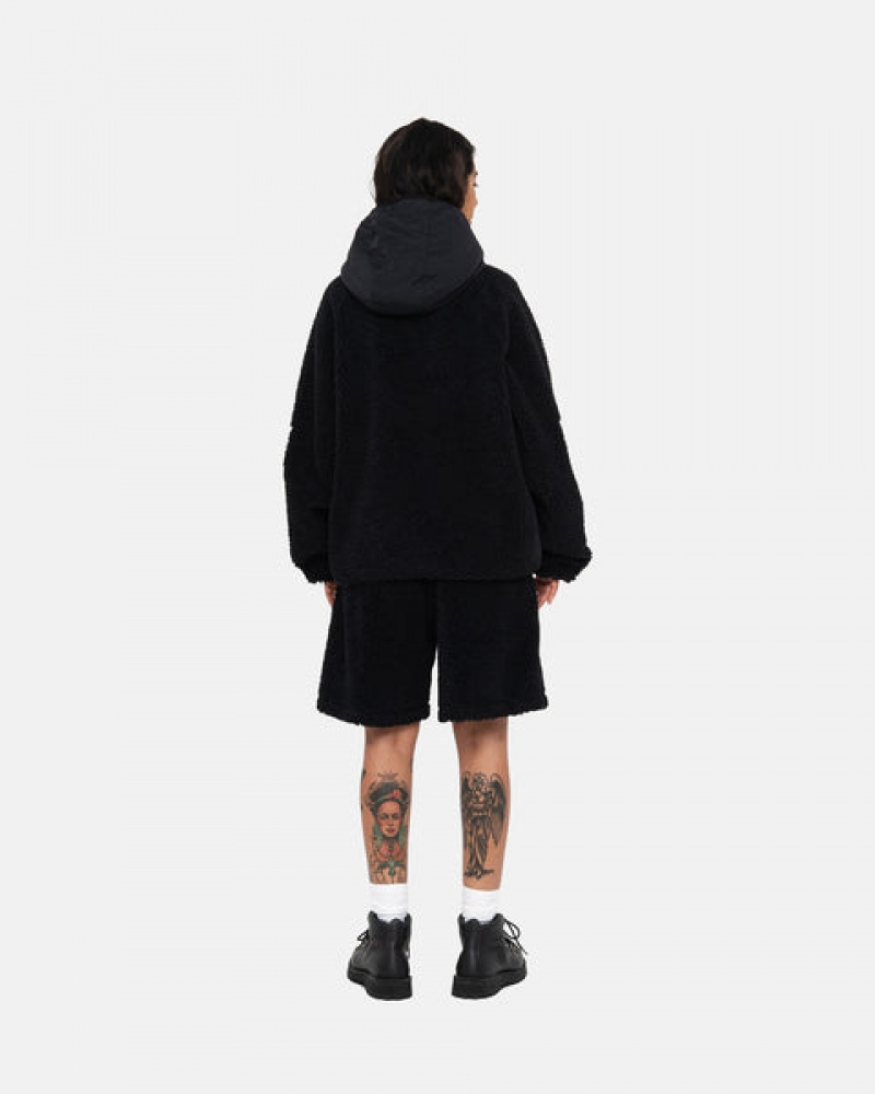 Women's Stussy Sherpa Paneled Hooded Jackets Black Ireland | DUM-6334